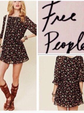 Free People Black Floral Print Babydoll Mini Dress Tunic - Size 4